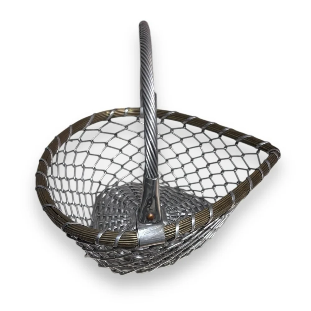 VINTAGE Aluminum & Brass Basket Hinged Twisted Metal Handle Mid Century Design